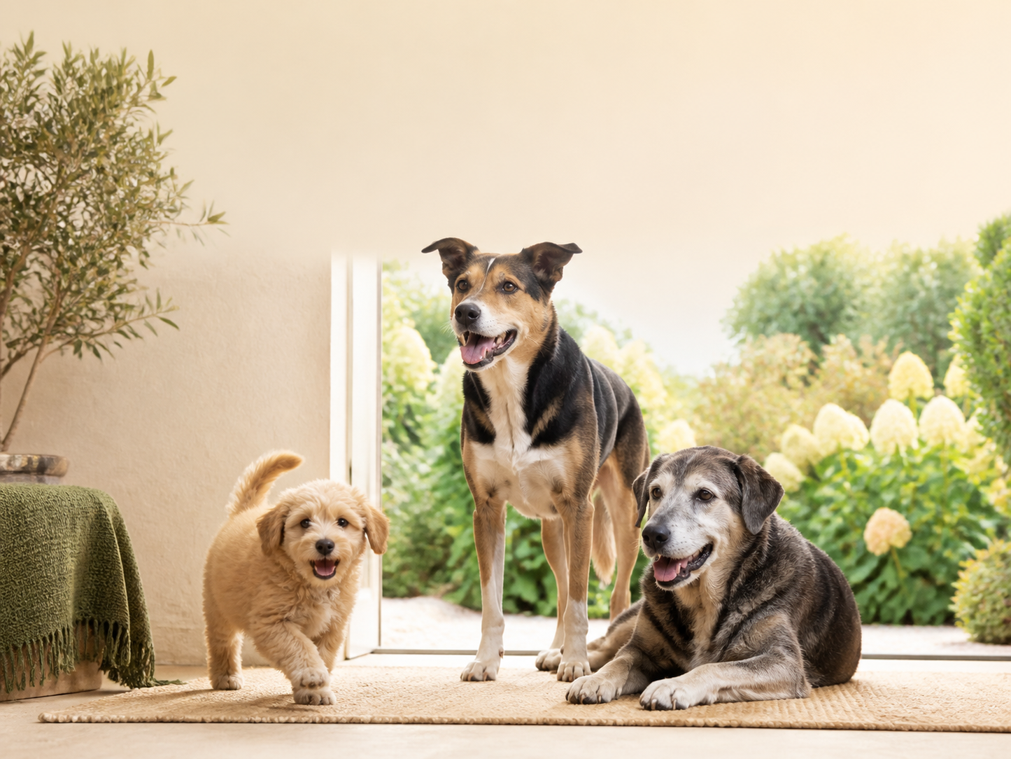 Puppy, adult dog and senior dog together