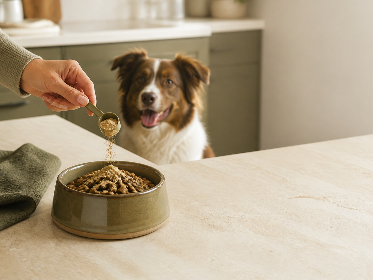 Daily dog joint supplement powder being added to a meal