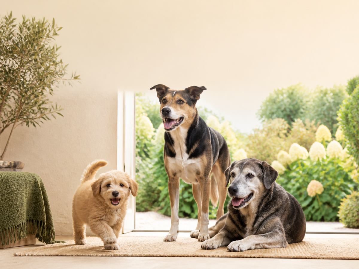 Puppy, adult dog and senior dog together