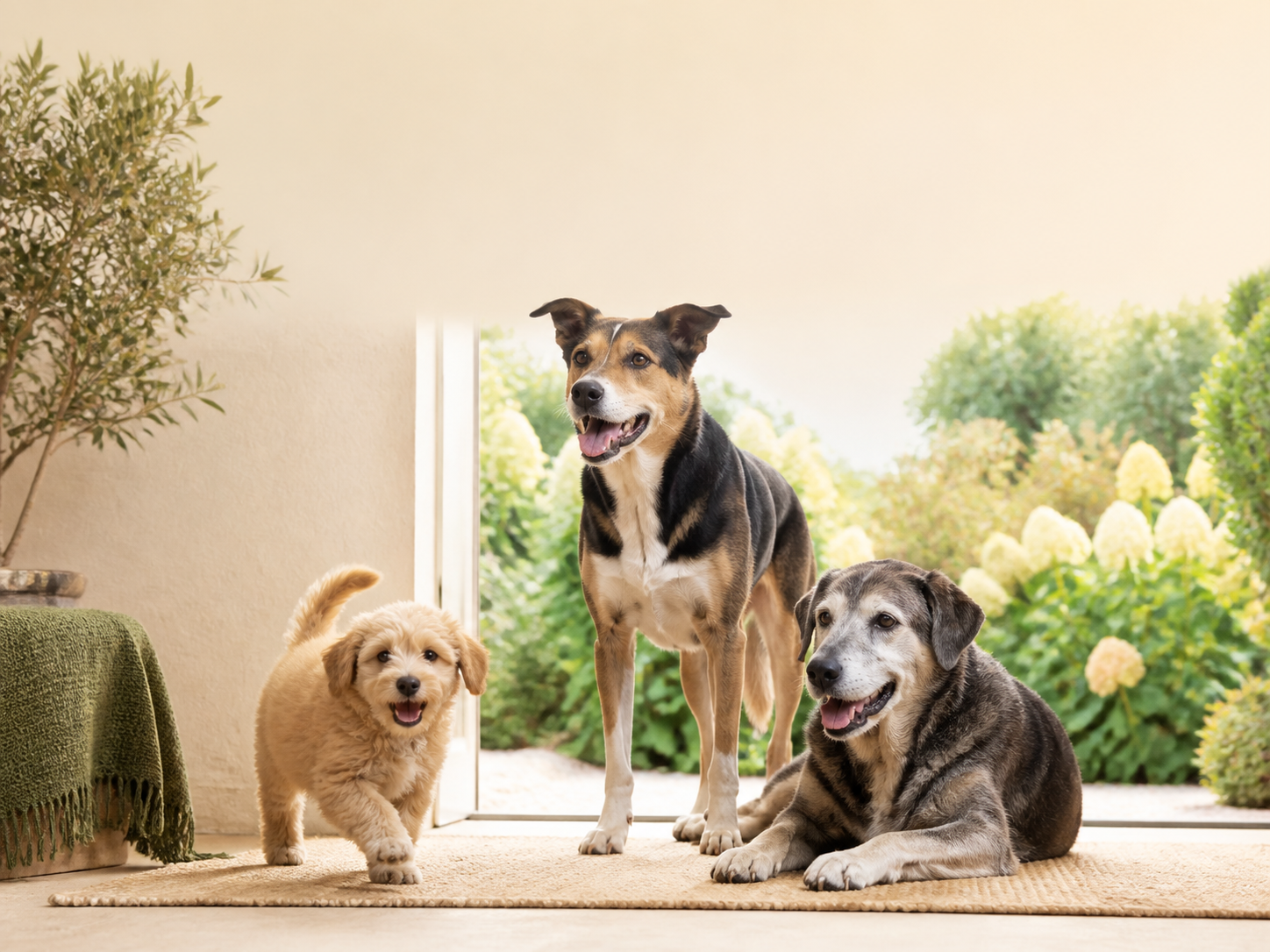 Puppy, adult dog and senior dog together