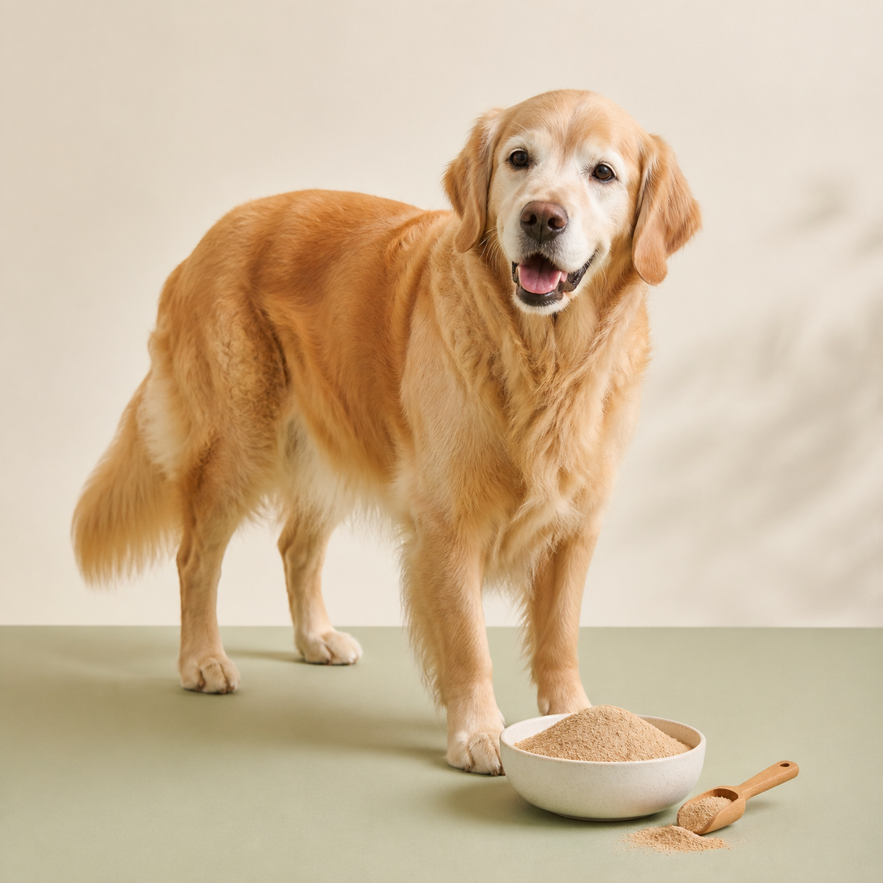 Golden retriever beside a bowl and scoop of VUZARO Hip + Joint powder
