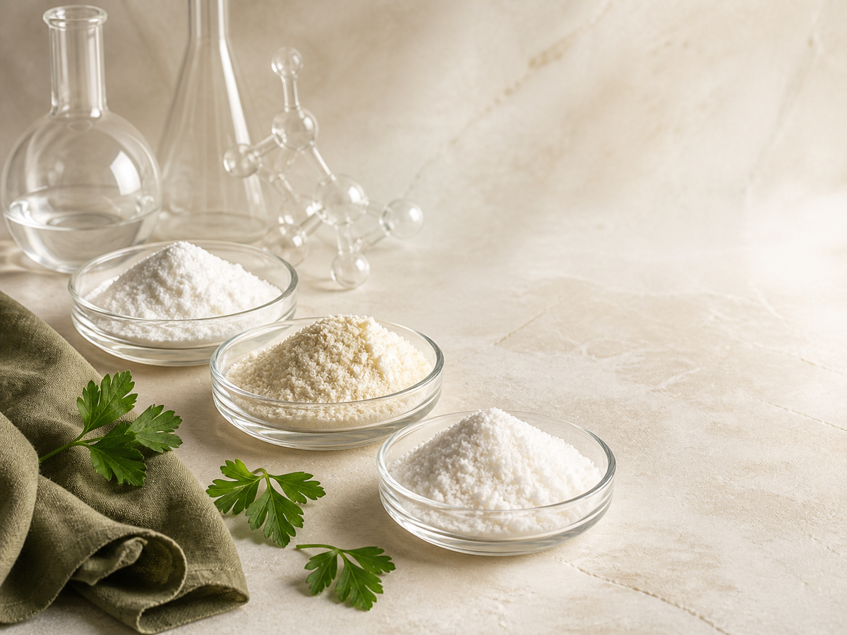 Three powdered ingredients arranged in a clean laboratory still life