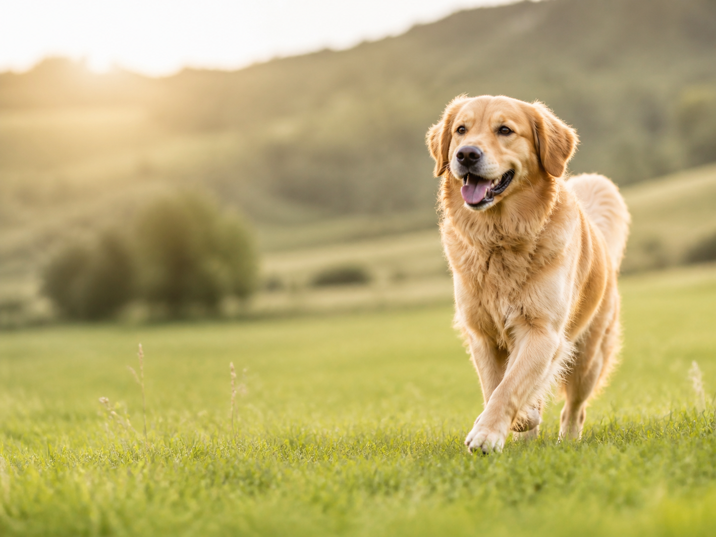Golden retriever moving comfortably through a sunny meadow