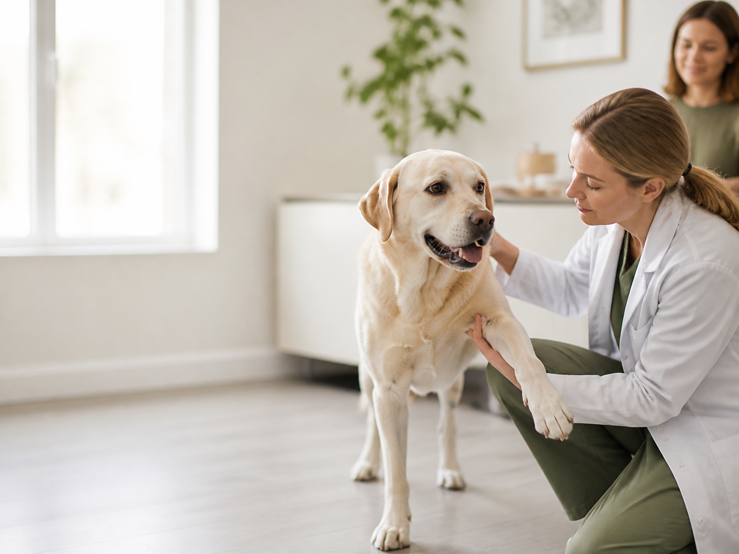 Veterinarian gently checking a Labrador's mobility