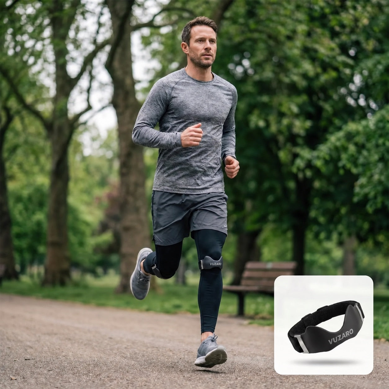 Runner wearing a VUZARO Precision Strap on a park path