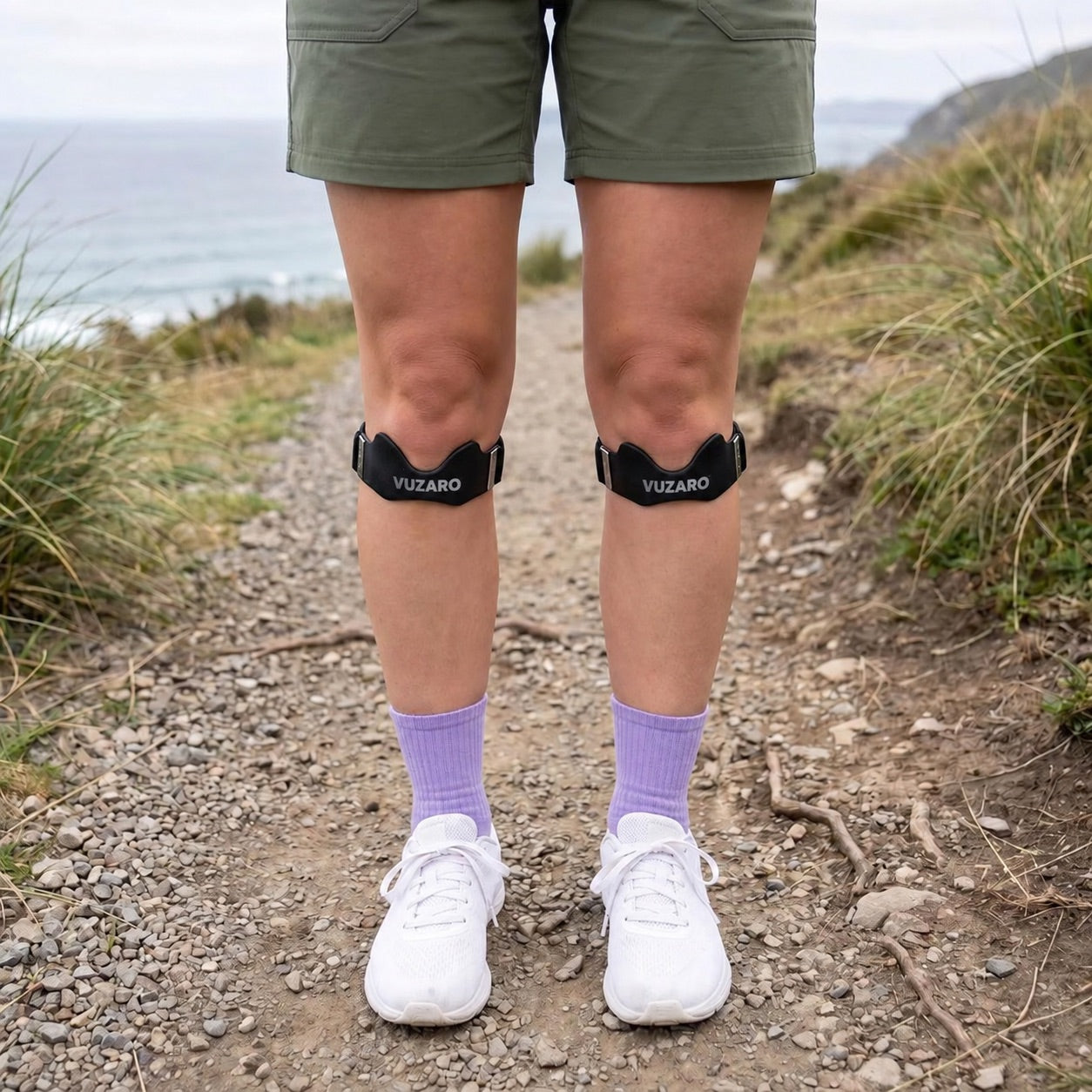 VUZARO straps on both knees during a coastal walk